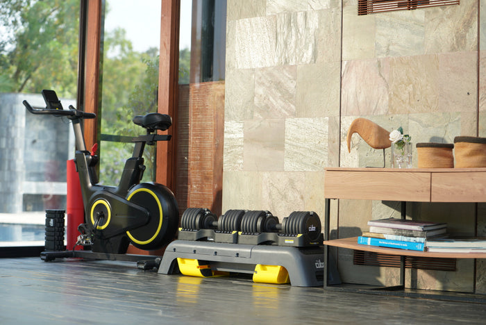 A complete Cube Club home gym set up in one corner of a room