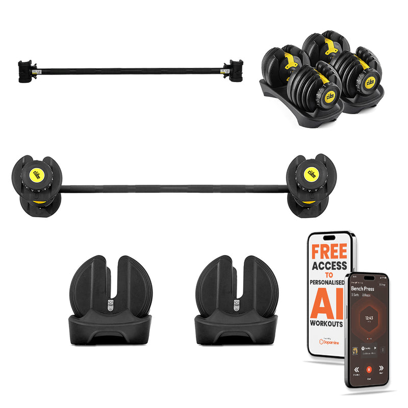 Cube Club Powerbells 52.5lb pair with Powerbar Connect barbell